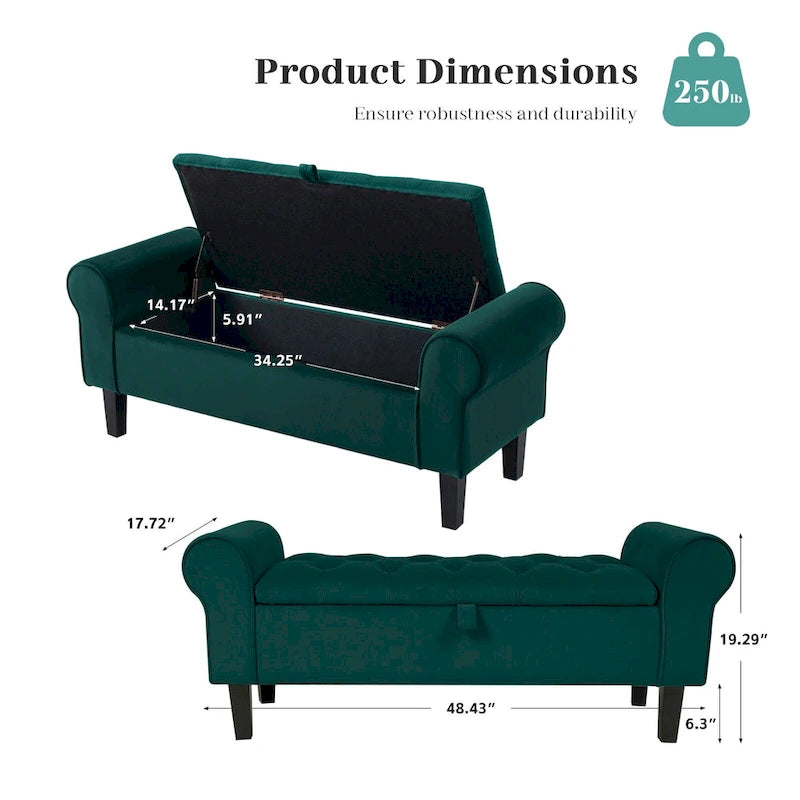 Banc de rangement en velours avec pieds en bois d'hévéa pour chambre à coucher