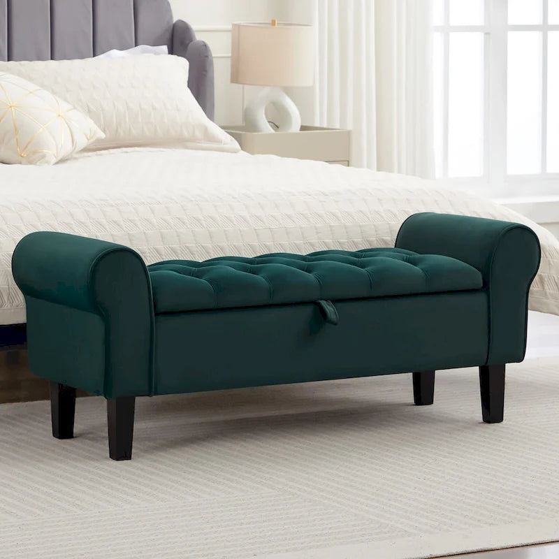 Banc de rangement en velours avec pieds en bois d'hévéa pour chambre à coucher