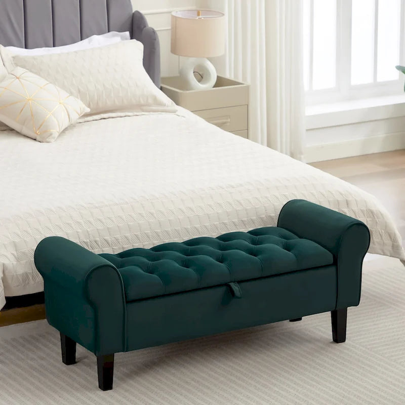 Banc de rangement en velours avec pieds en bois d'hévéa pour chambre à coucher