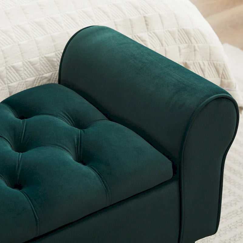 Banc de rangement en velours avec pieds en bois d'hévéa pour chambre à coucher