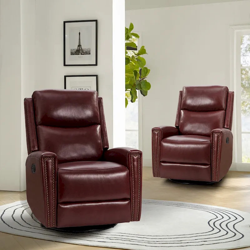 Fauteuil inclinable, pivotant et basculant moderne en cuir véritable, avec accoudoirs hauts, bordé de clous décoratifs, 77 x 79 cm, lot de 2