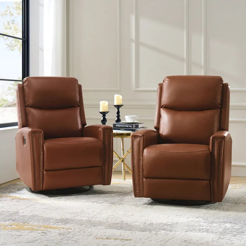 Fauteuil inclinable, pivotant et basculant moderne en cuir véritable, avec accoudoirs hauts, bordé de clous décoratifs, 77 x 79 cm, lot de 2