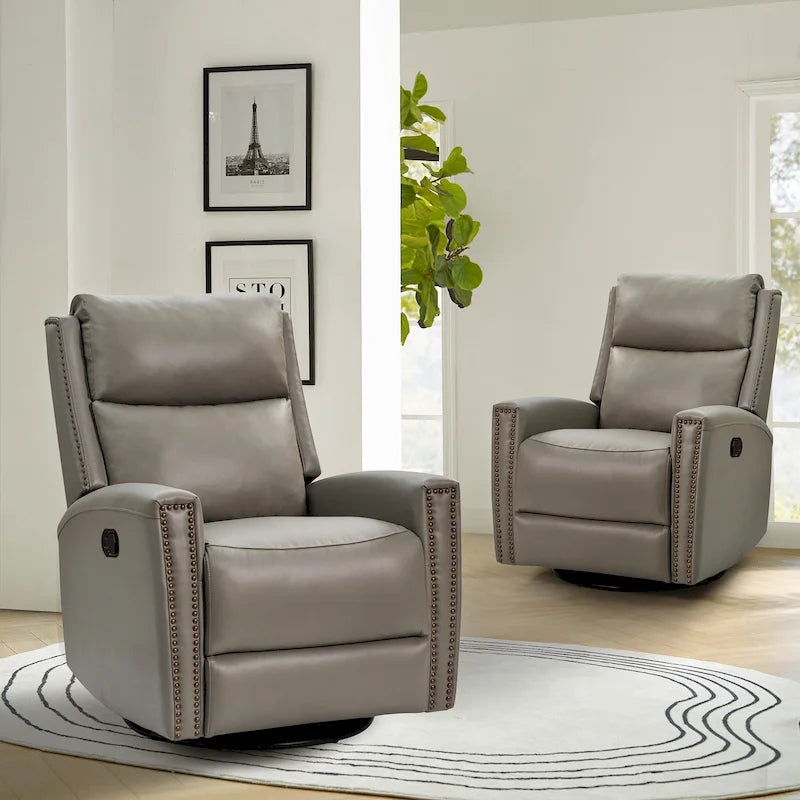 Fauteuil inclinable, pivotant et basculant moderne en cuir véritable, avec accoudoirs hauts, bordé de clous décoratifs, 77 x 79 cm, lot de 2