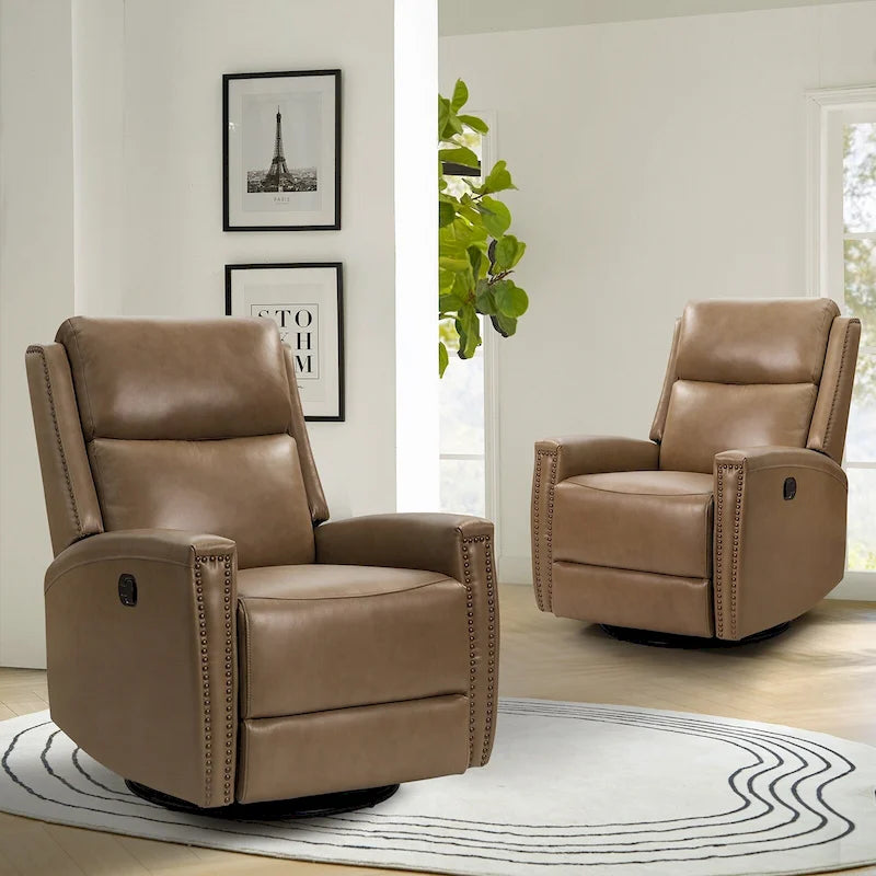 Fauteuil inclinable, pivotant et basculant moderne en cuir véritable, avec accoudoirs hauts, bordé de clous décoratifs, 77 x 79 cm, lot de 2