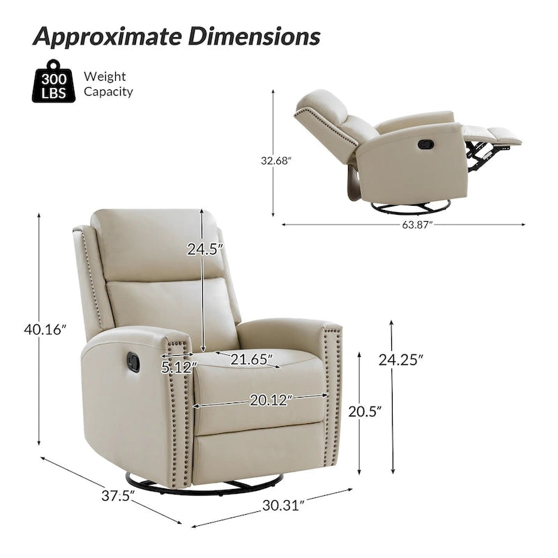 Fauteuil inclinable, pivotant et basculant moderne en cuir véritable, avec accoudoirs hauts, bordé de clous décoratifs, 77 x 79 cm, lot de 2
