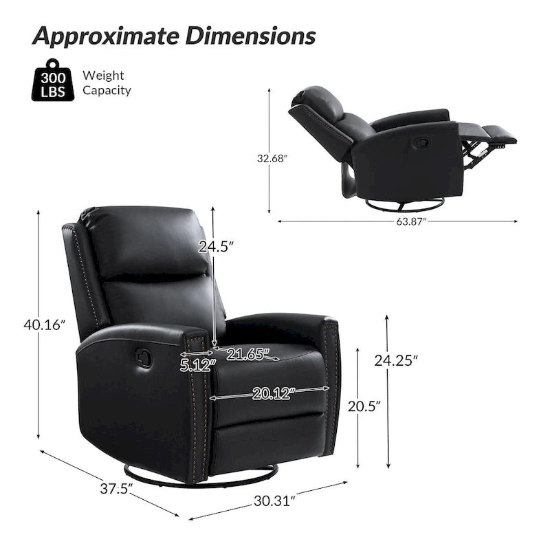Fauteuil inclinable, pivotant et basculant moderne en cuir véritable, avec accoudoirs hauts, bordé de clous décoratifs, 77 x 79 cm, lot de 2