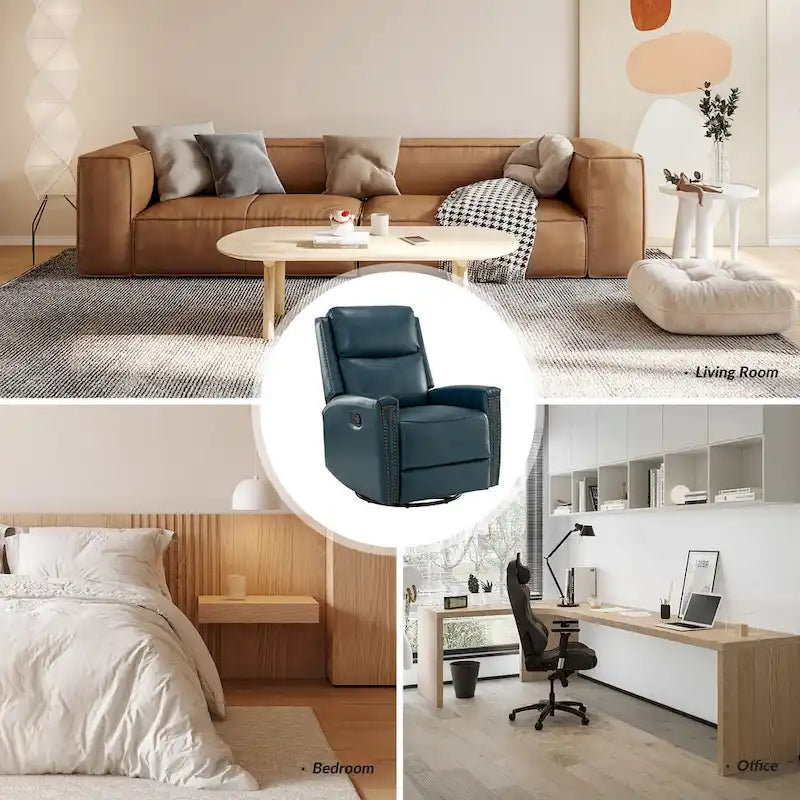 Fauteuil inclinable, pivotant et basculant moderne en cuir véritable, avec accoudoirs hauts, bordé de clous décoratifs, 77 x 79 cm, lot de 2