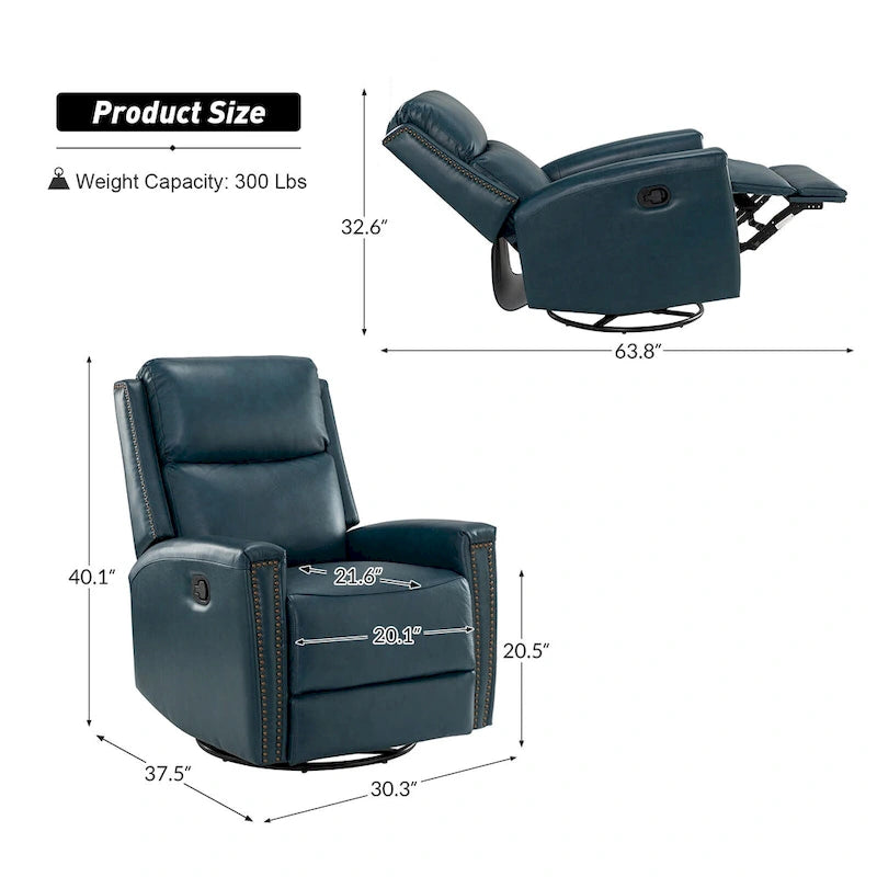 Fauteuil inclinable, pivotant et basculant moderne en cuir véritable, avec accoudoirs hauts, bordé de clous décoratifs, 77 x 79 cm, lot de 2