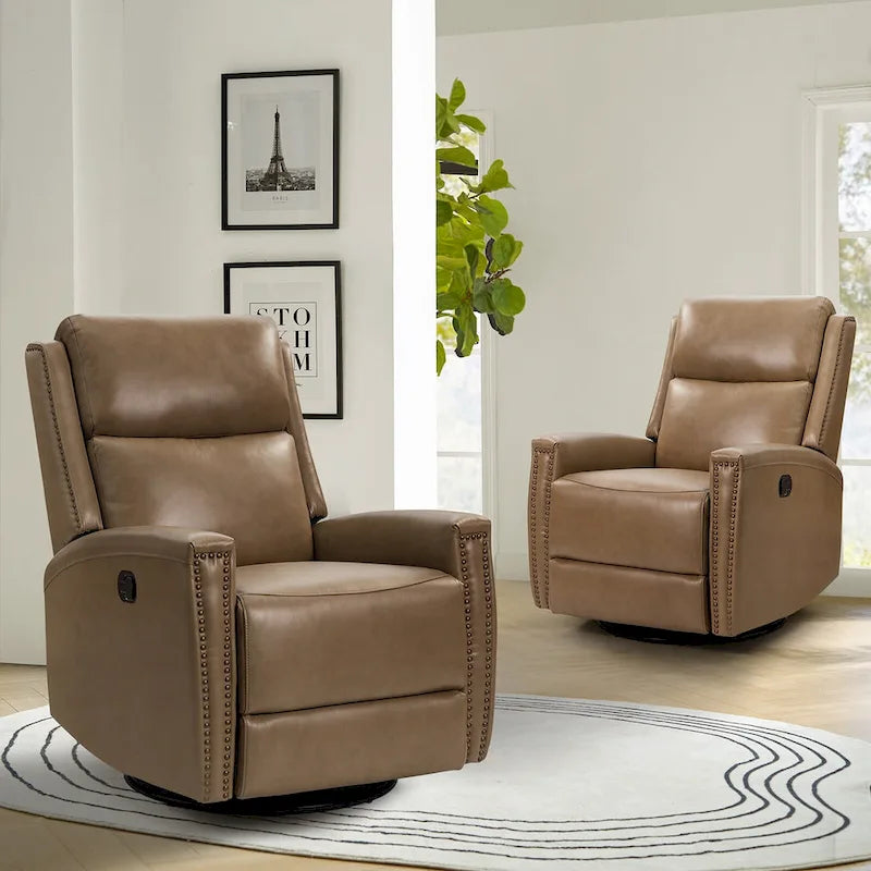 Fauteuil inclinable, pivotant et basculant moderne en cuir véritable, avec accoudoirs hauts, bordé de clous décoratifs, 77 x 79 cm, lot de 2