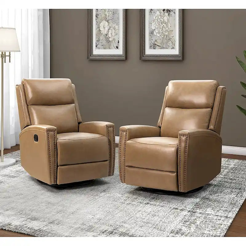 Fauteuil inclinable, pivotant et basculant moderne en cuir véritable, avec accoudoirs hauts, bordé de clous décoratifs, 77 x 79 cm, lot de 2