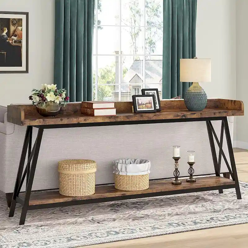 Table console de 70,9 pouces de long derrière le canapé, table d'entrée marron rustique