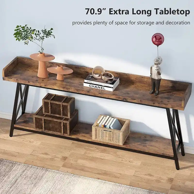 Table console de 70,9 pouces de long derrière le canapé, table d'entrée marron rustique
