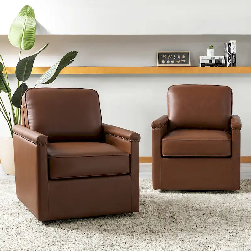 Fauteuil pivotant classique en cuir véritable avec clous décoratifs – Lot de 2