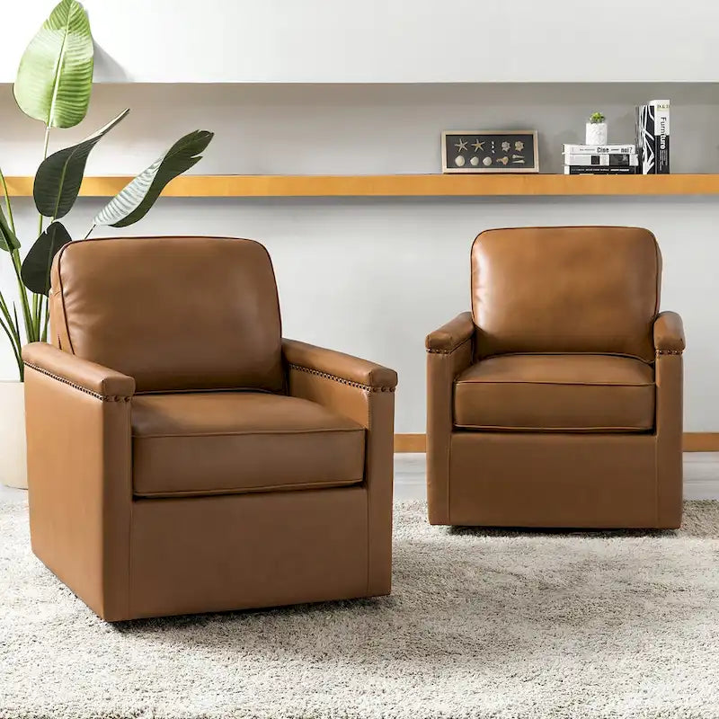 Rita Classic Genuine Leather Swivel Armchair With Nailhead Trims Set Of 2 By 