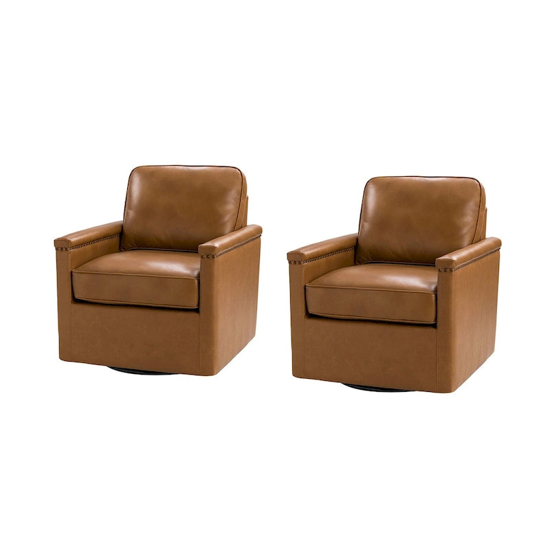 Fauteuil pivotant classique en cuir véritable avec clous décoratifs – Lot de 2