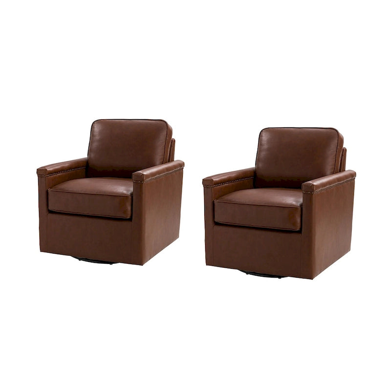 Fauteuil pivotant classique en cuir véritable avec clous décoratifs – Lot de 2