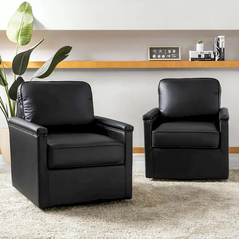 Fauteuil pivotant classique en cuir véritable avec clous décoratifs – Lot de 2