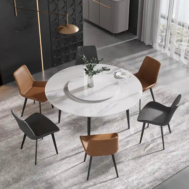 Table à manger ronde en marbre blanc de 59 po avec plateau tournant