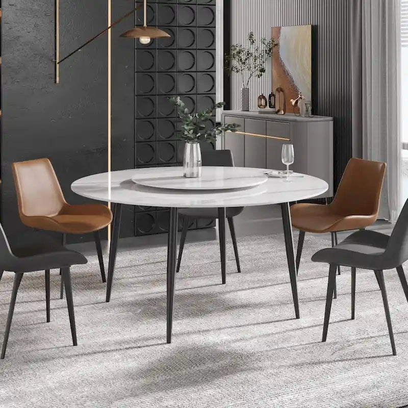 Table à manger ronde en marbre blanc de 59 po avec plateau tournant