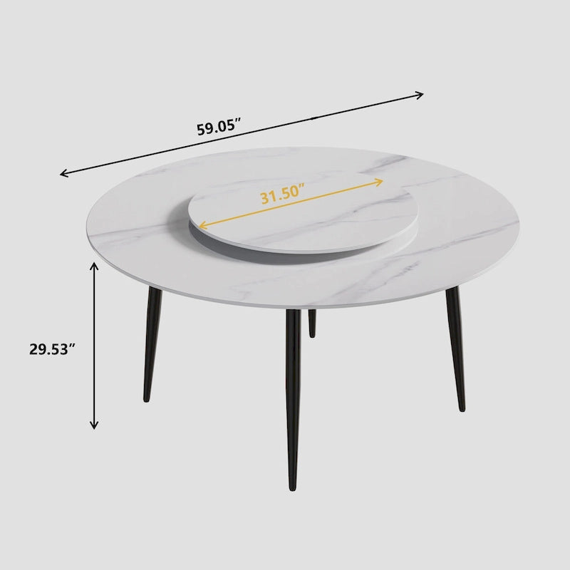 Table à manger ronde en marbre blanc de 59 po avec plateau tournant