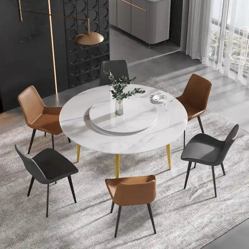 Table à manger ronde en marbre blanc de 59 po avec plateau tournant