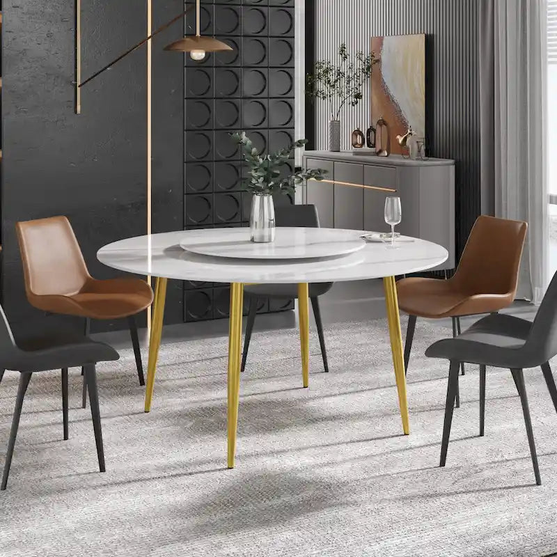 Table à manger ronde en marbre blanc de 59 po avec plateau tournant