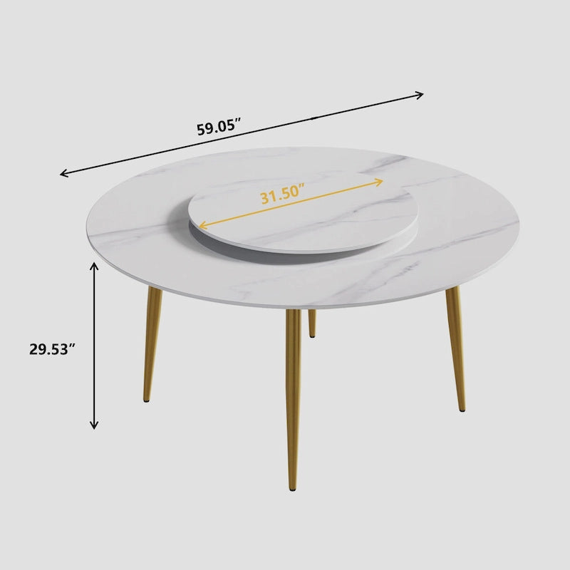 Table à manger ronde en marbre blanc de 59 po avec plateau tournant
