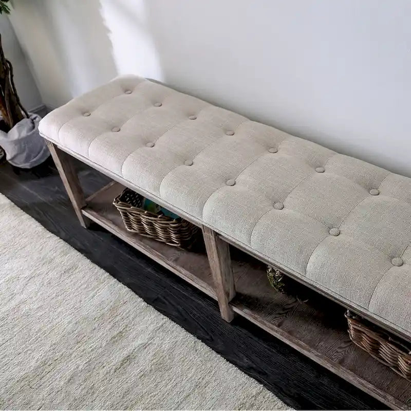 Banc d'entrée rustique en lin capitonné avec rangement