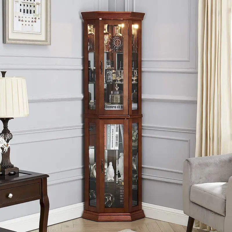 Vitrine d'angle avec lumières et étagères réglables en verre trempé