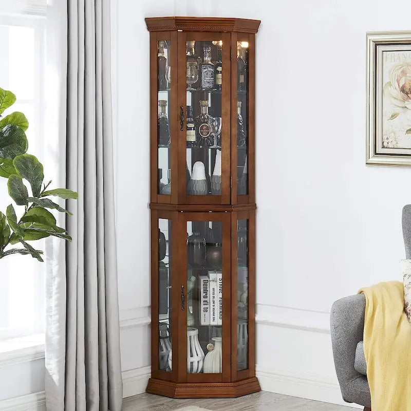 Vitrine d'angle avec lumières et étagères réglables en verre trempé