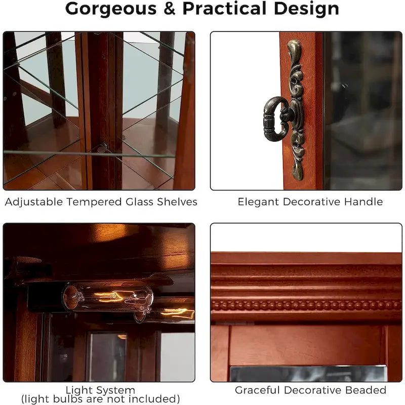 Vitrine d'angle avec lumières et étagères réglables en verre trempé