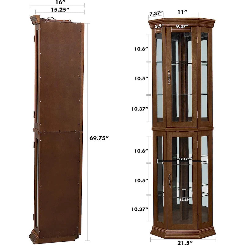 Vitrine d'angle avec lumières et étagères réglables en verre trempé