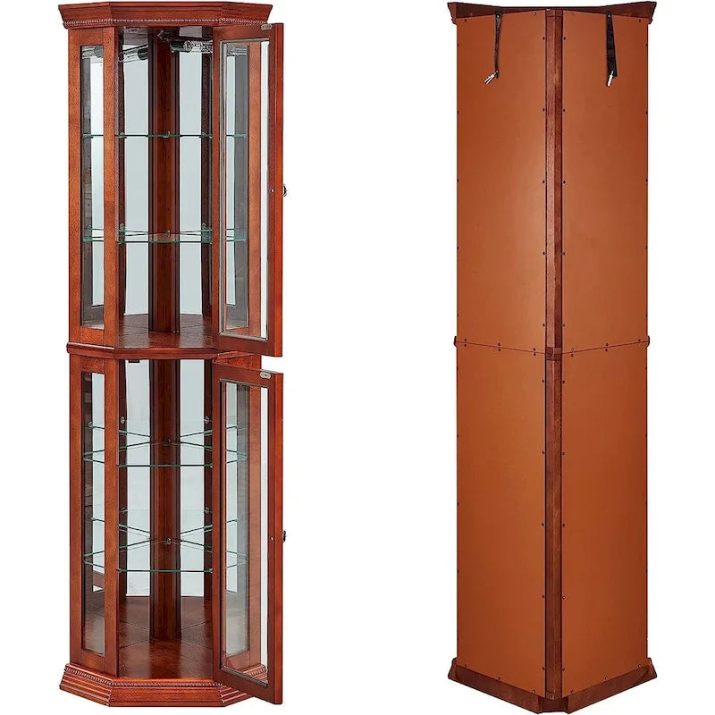 Vitrine d'angle avec lumières et étagères réglables en verre trempé