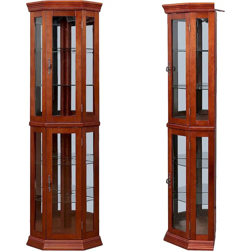 Vitrine d'angle avec lumières et étagères réglables en verre trempé