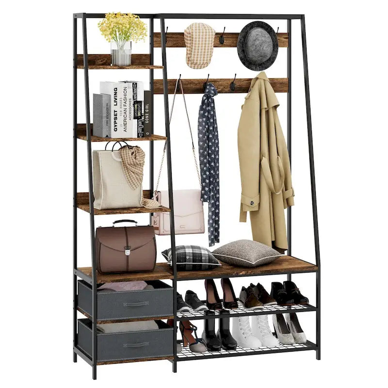 Porte-manteau sur pied 6-en-1 avec banc et tissu