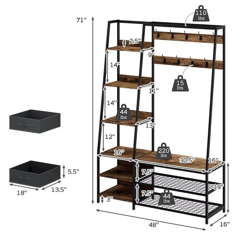 Porte-manteau sur pied 6-en-1 avec banc et tissu