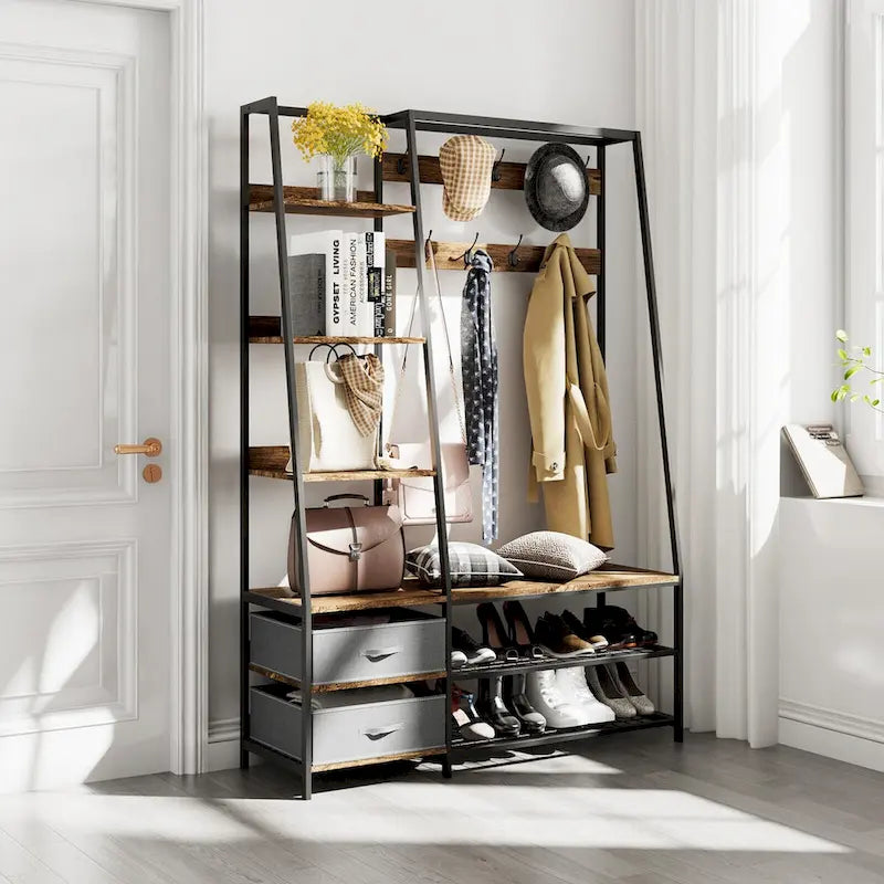Porte-manteau sur pied 6-en-1 avec banc et tissu