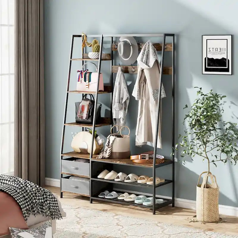 Porte-manteau sur pied 6-en-1 avec banc et tissu