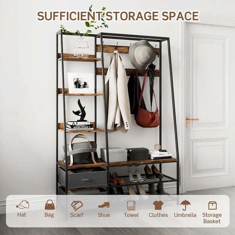 Porte-manteau sur pied 6-en-1 avec banc et tissu