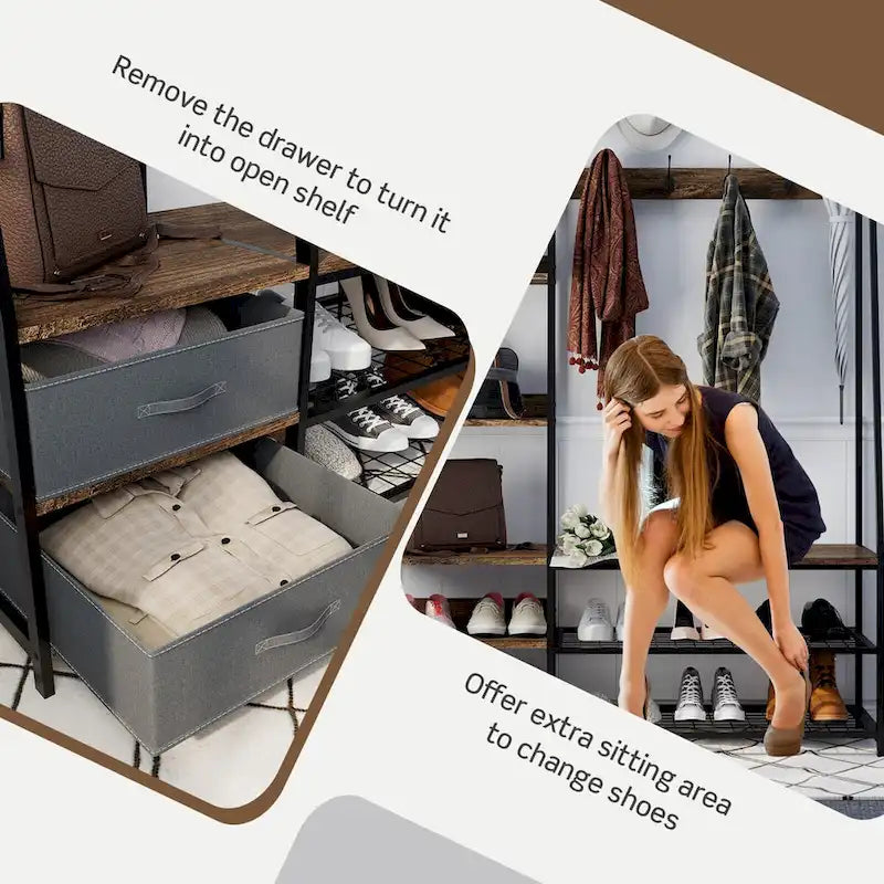 Porte-manteau sur pied 6-en-1 avec banc et tissu