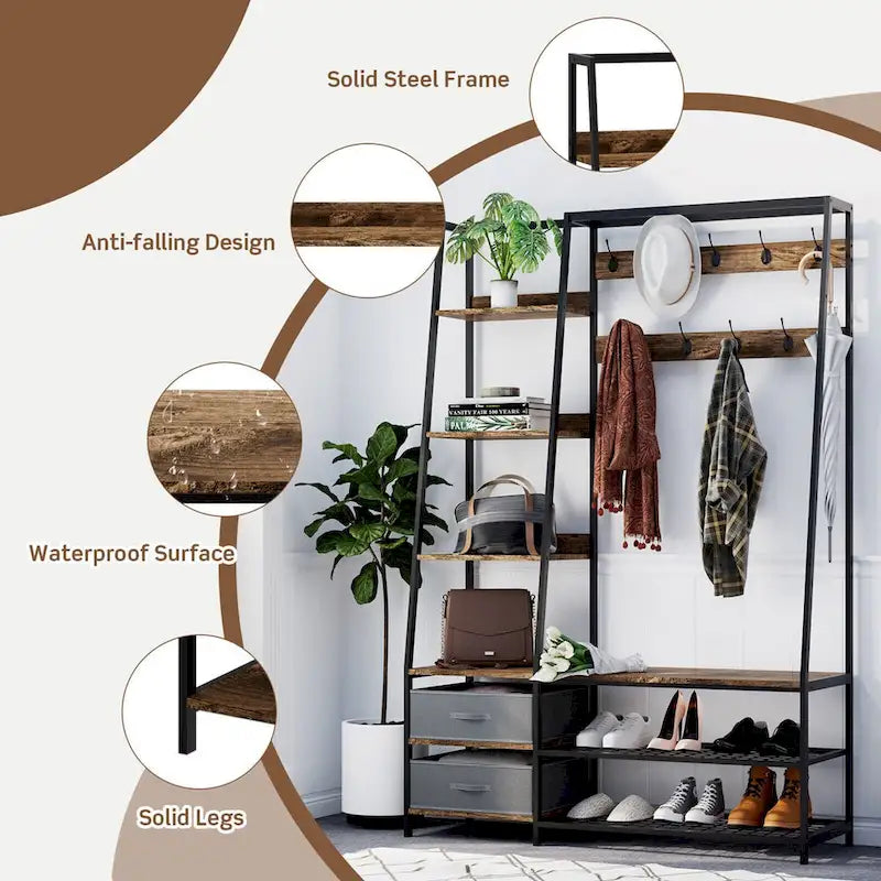 Porte-manteau sur pied 6-en-1 avec banc et tissu