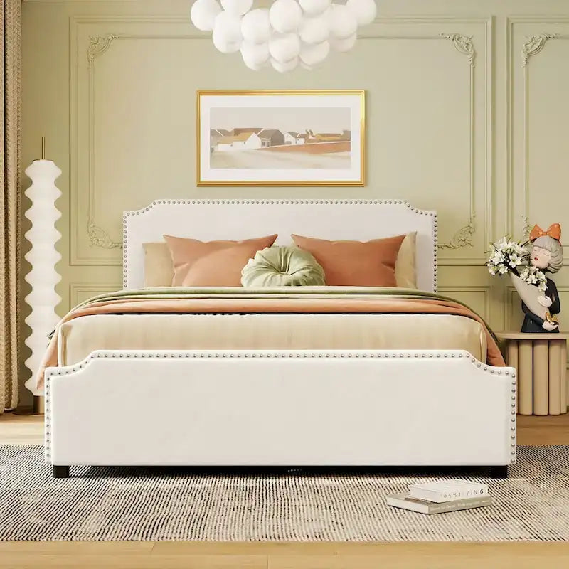 Lit rembourré avec tête et pied de lit cloutés et 4 tiroirs, sans sommier tapissier, tissu velours, taille Queen