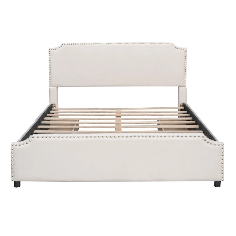 Lit rembourré avec tête et pied de lit cloutés et 4 tiroirs, sans sommier tapissier, tissu velours, taille Queen