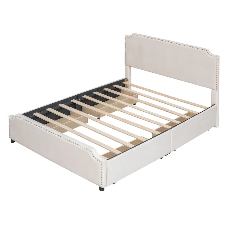 Lit rembourré avec tête et pied de lit cloutés et 4 tiroirs, sans sommier tapissier, tissu velours, taille Queen