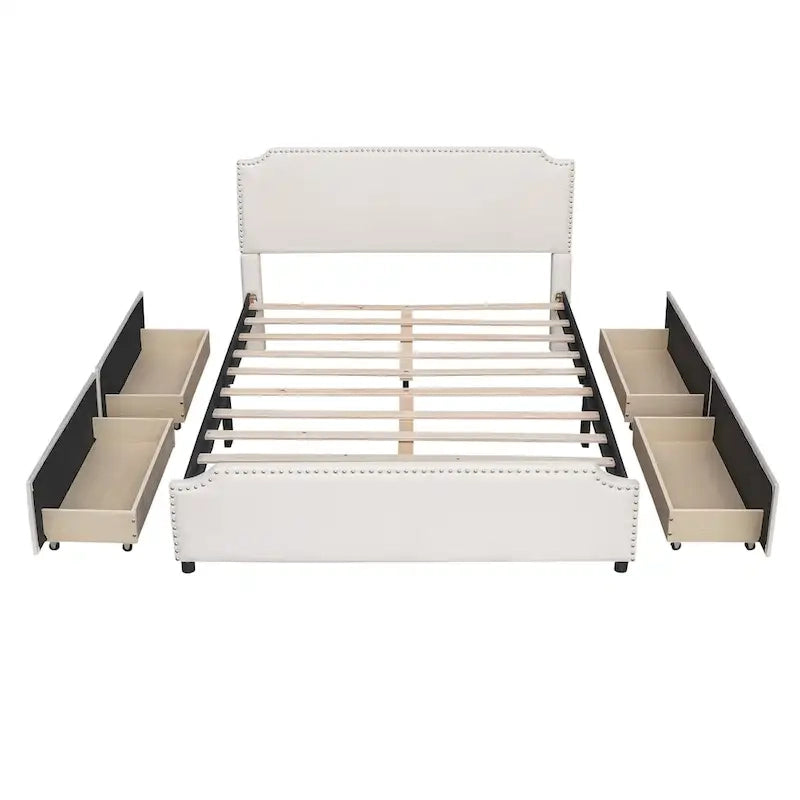 Lit rembourré avec tête et pied de lit cloutés et 4 tiroirs, sans sommier tapissier, tissu velours, taille Queen