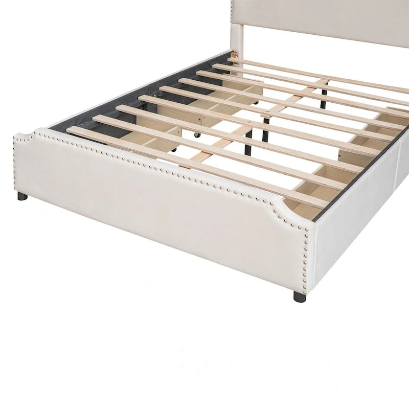 Lit rembourré avec tête et pied de lit cloutés et 4 tiroirs, sans sommier tapissier, tissu velours, taille Queen