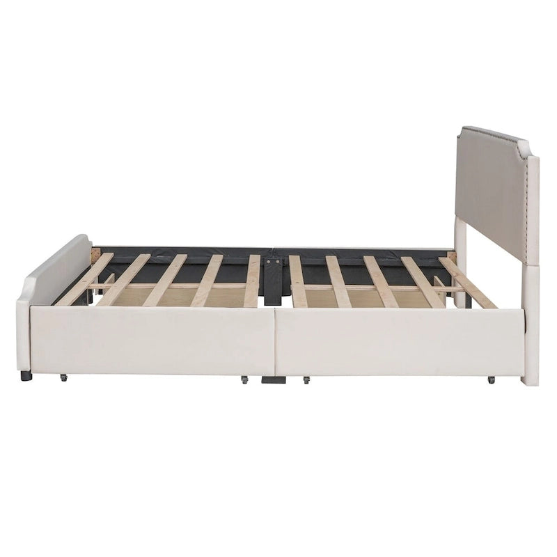 Lit rembourré avec tête et pied de lit cloutés et 4 tiroirs, sans sommier tapissier, tissu velours, taille Queen