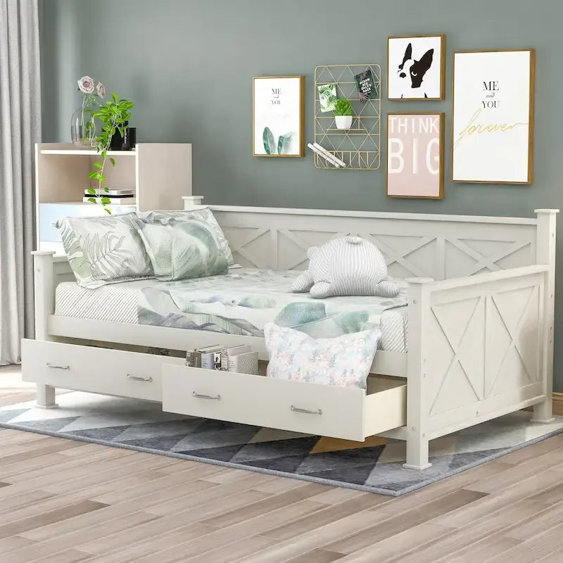 Lit de repos double en bois de style décontracté moderne et rustique avec 2 tiroirs de rangement et une tête de lit