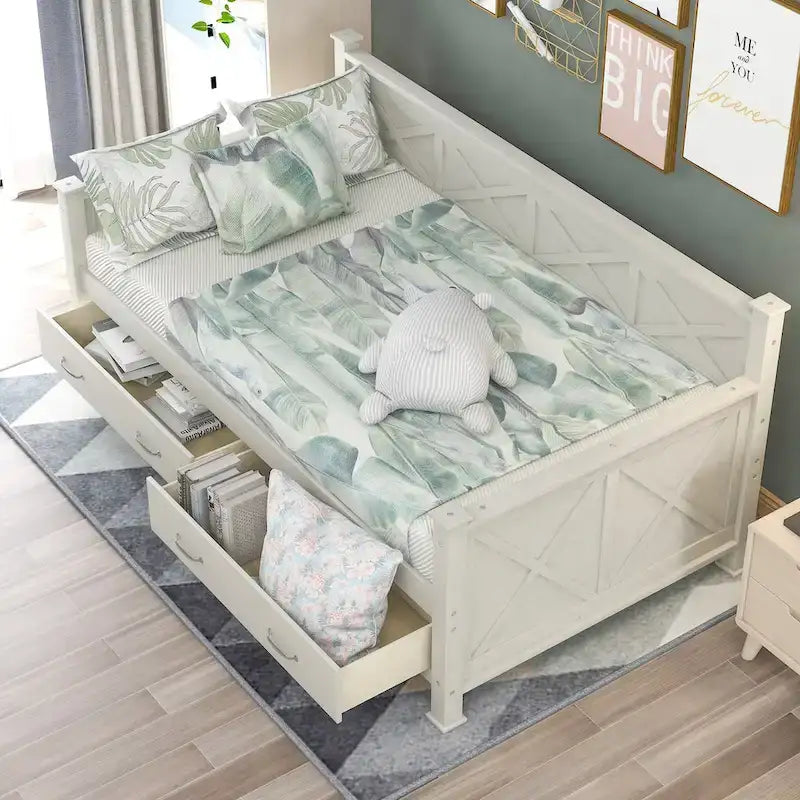 Lit de repos double en bois de style décontracté moderne et rustique avec 2 tiroirs de rangement et une tête de lit