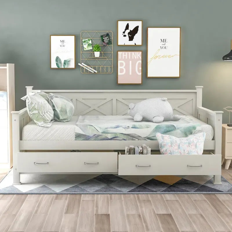 Lit de repos double en bois de style décontracté moderne et rustique avec 2 tiroirs de rangement et une tête de lit